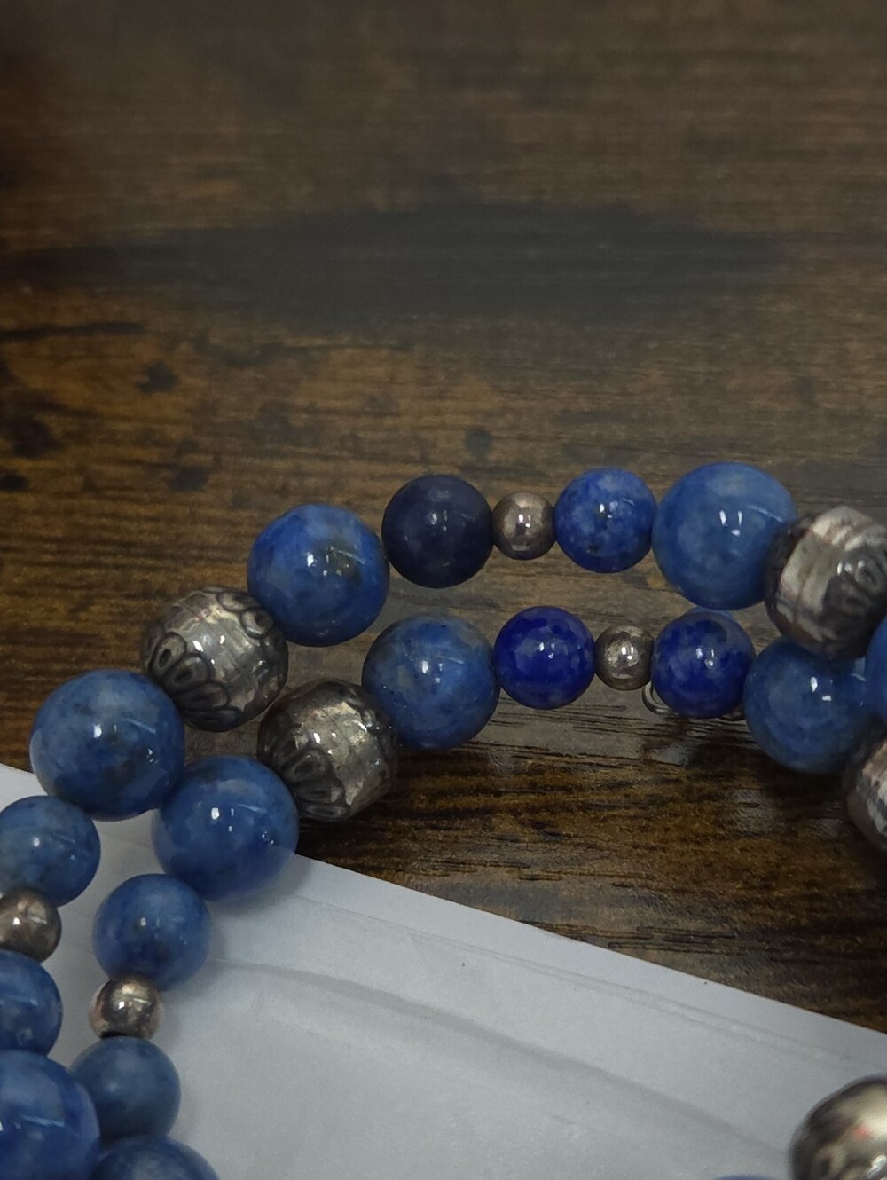 Vintage Lapis Lazuli Stone & Sterling Silver Beaded Wrap Bracelet Carlise CP 925 - Picture 9 of 13